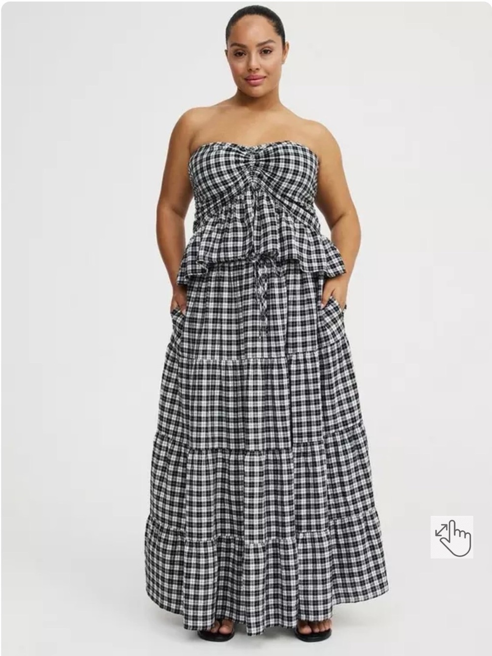 Torrid Black & White Gingham Tiered Maxi Skirt & strapless tube top styled top.